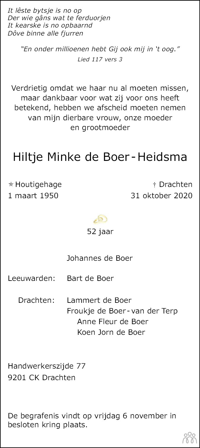 Hiltje Minke De Boer-heidsma 31-10-2020 Overlijdensbericht En 