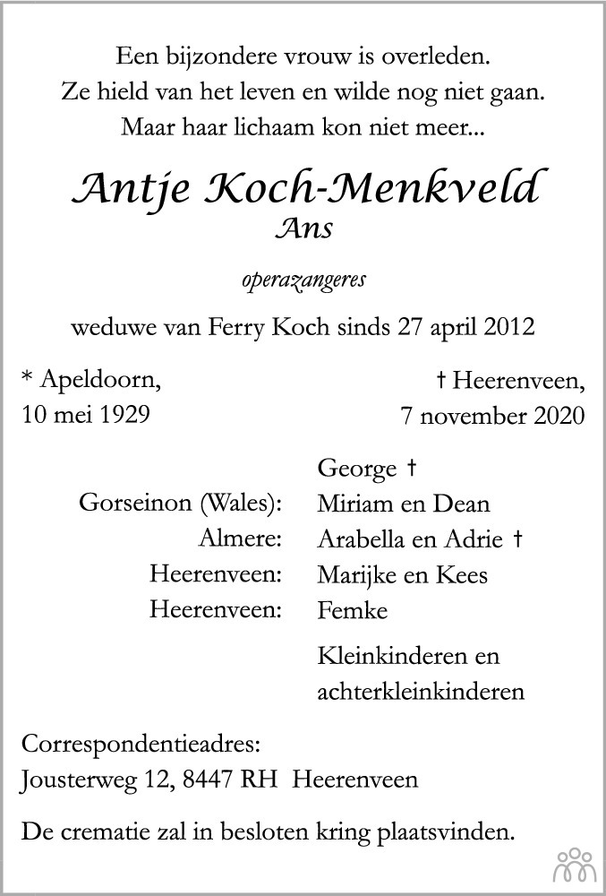 Antje Ans Koch Menkveld Overlijdensbericht En Condoleances Mensenlinq Nl