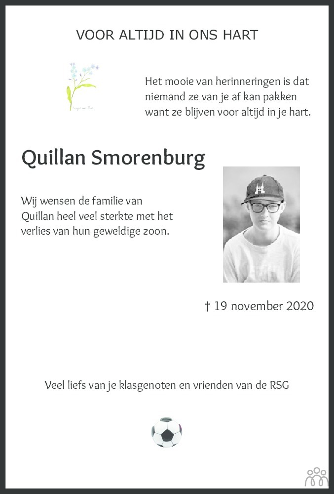 Overlijdensbericht van Quillan Finn Smorenburg in Leeuwarder Courant