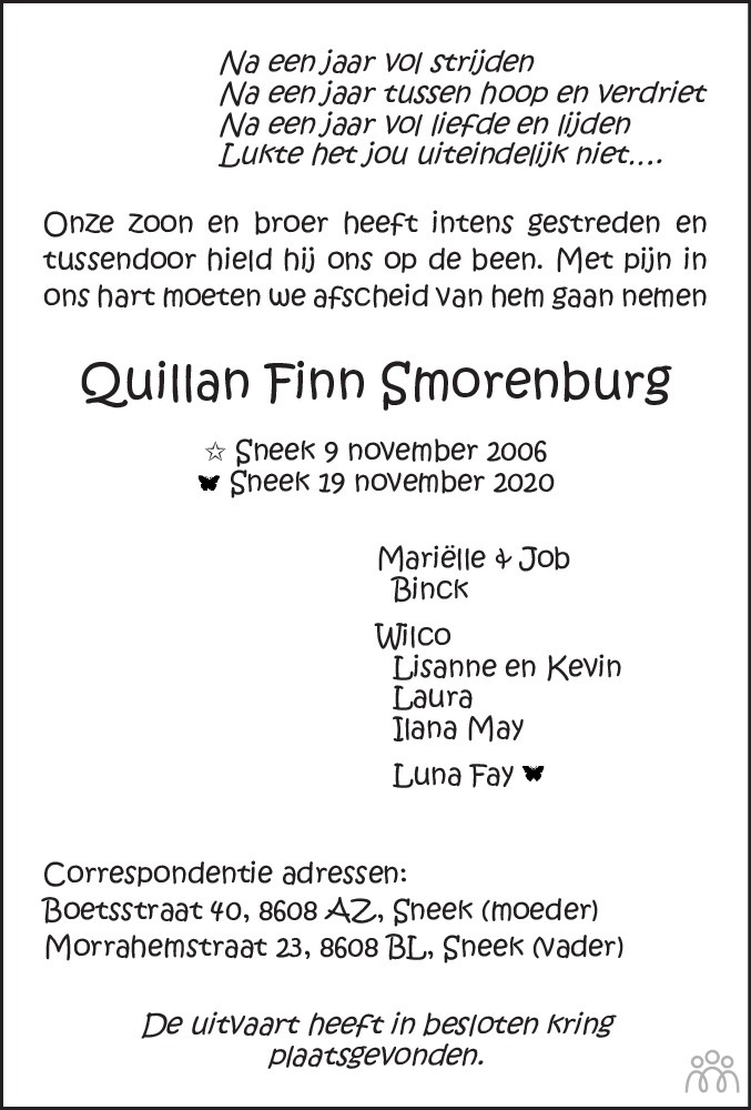 Overlijdensbericht van Quillan Finn Smorenburg in Sneeker Nieuwsblad
