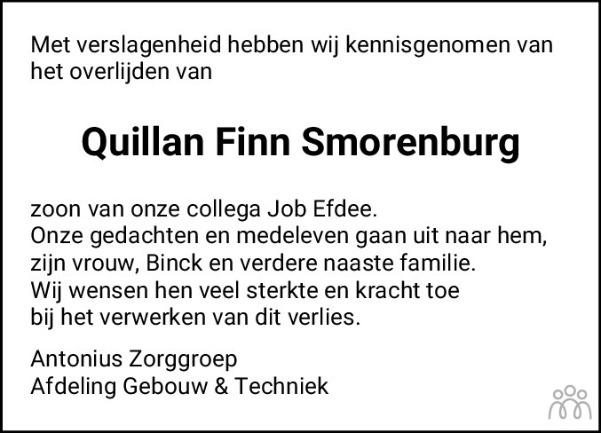 Overlijdensbericht van Quillan Finn Smorenburg in Sneeker Nieuwsblad