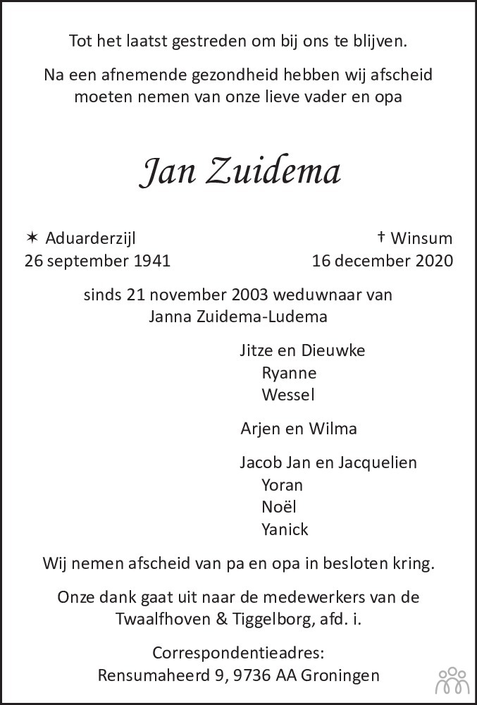 Jan Zuidema 16-12-2020 overlijdensbericht en condoleances ...