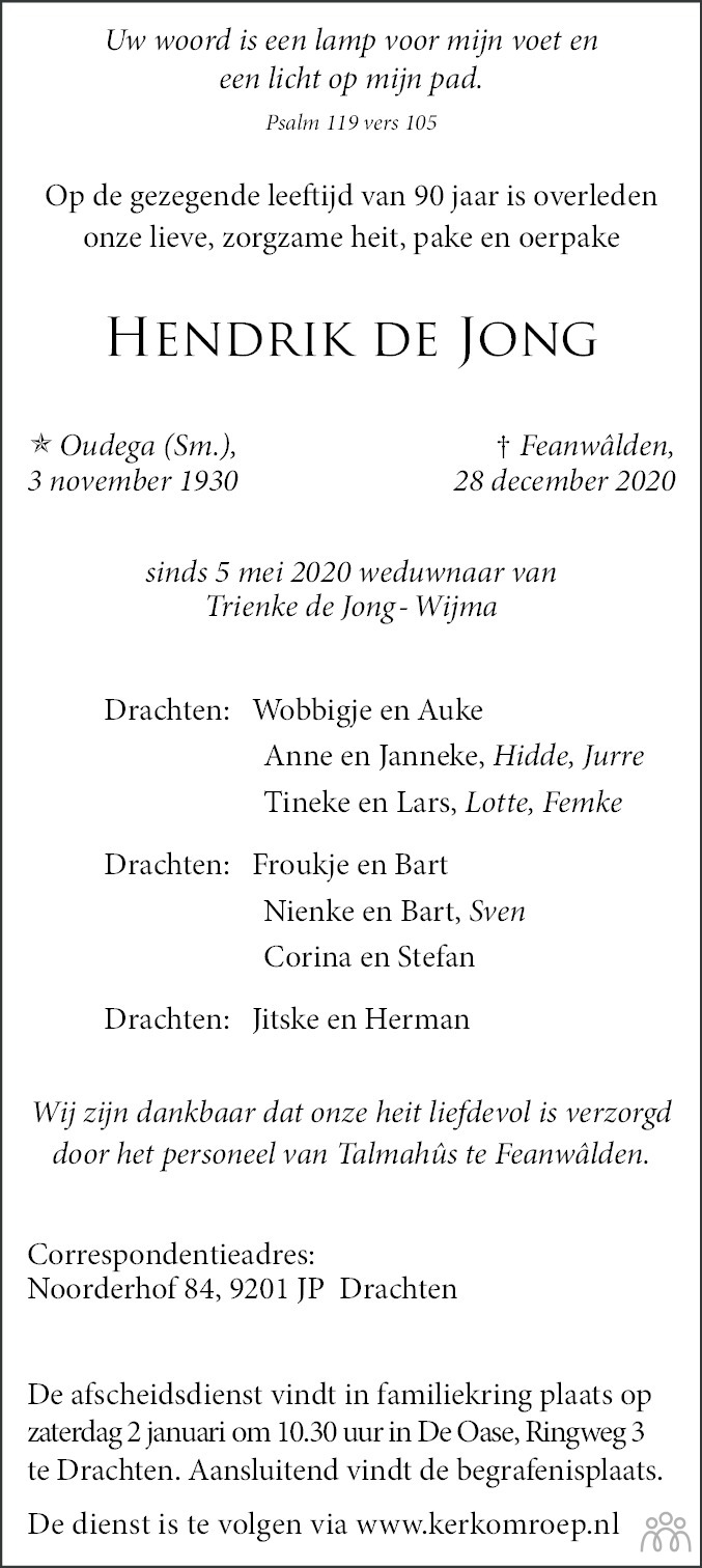 Hendrik de Jong 28-12-2020 overlijdensbericht en condoleances ...