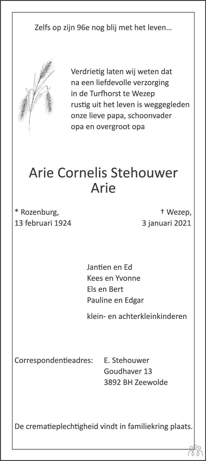 Overlijdensbericht van Arie Cornelis (Arie) Stehouwer in Flevopost Dronten
