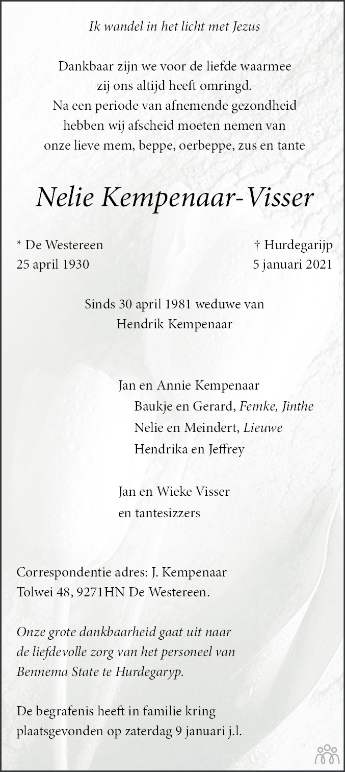 Nelie Kempenaar Visser 05 01 2021 Overlijdensbericht En Condoleances