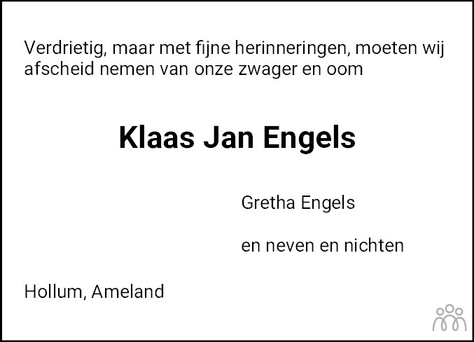 Overlijdensbericht van Klaas-Jan Engels in Leeuwarder Courant