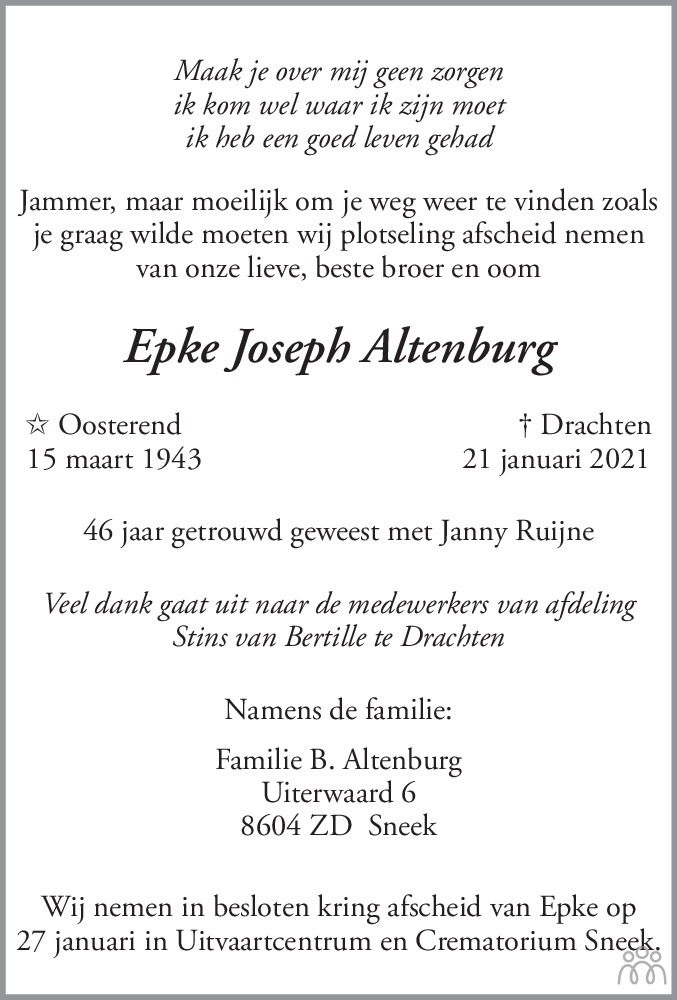 Overlijdensbericht van Epke Joseph Altenburg in Leeuwarder Courant