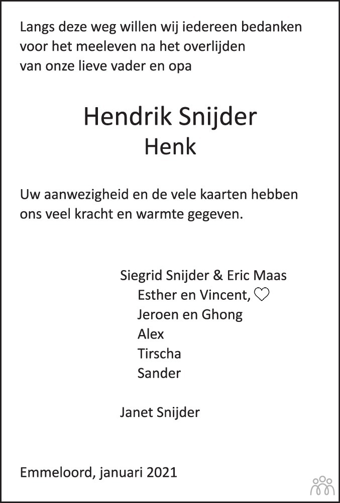 triatlon wees onder de indruk lezing Hendrik (Henk) Snijder ✝ 01-01-2021 overlijdensbericht en condoleances -  Mensenlinq.nl