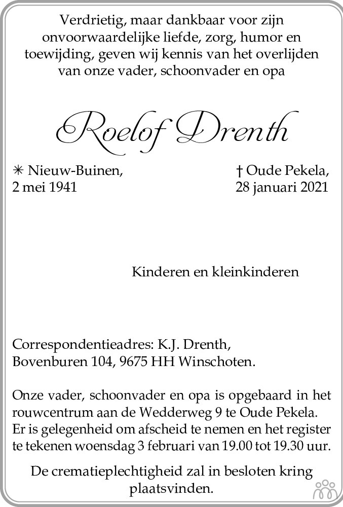 Roelof Drenth 28012021 overlijdensbericht en condoleances Mensenlinq.nl