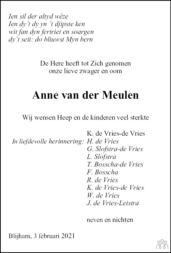 Anne Van Der Meulen Anne van der Meulen 03-02-2021 overlijdensbericht en condoleances