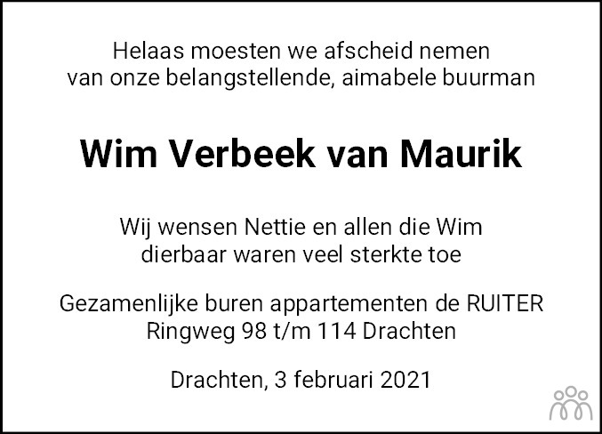 Wim Verbeek Van Maurik 03 02 2021 Overlijdensbericht En Condoleances Mensenlinq Nl