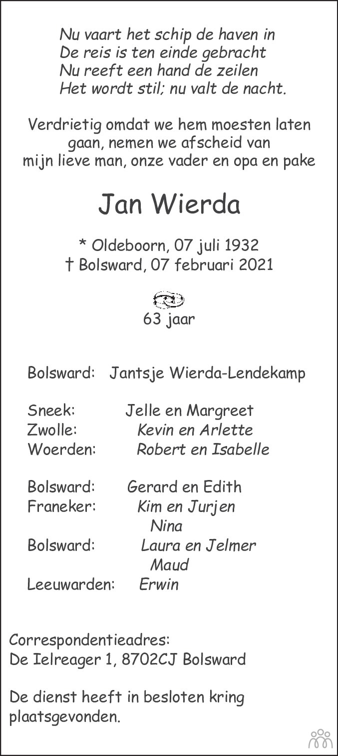 Jan Wierda 07022021 overlijdensbericht en condoleances Mensenlinq.nl