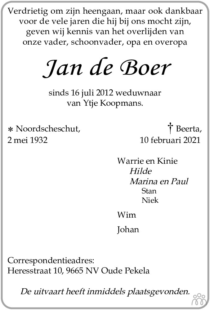 Jan de Boer 10-02-2021 overlijdensbericht en condoleances - Mensenlinq.nl