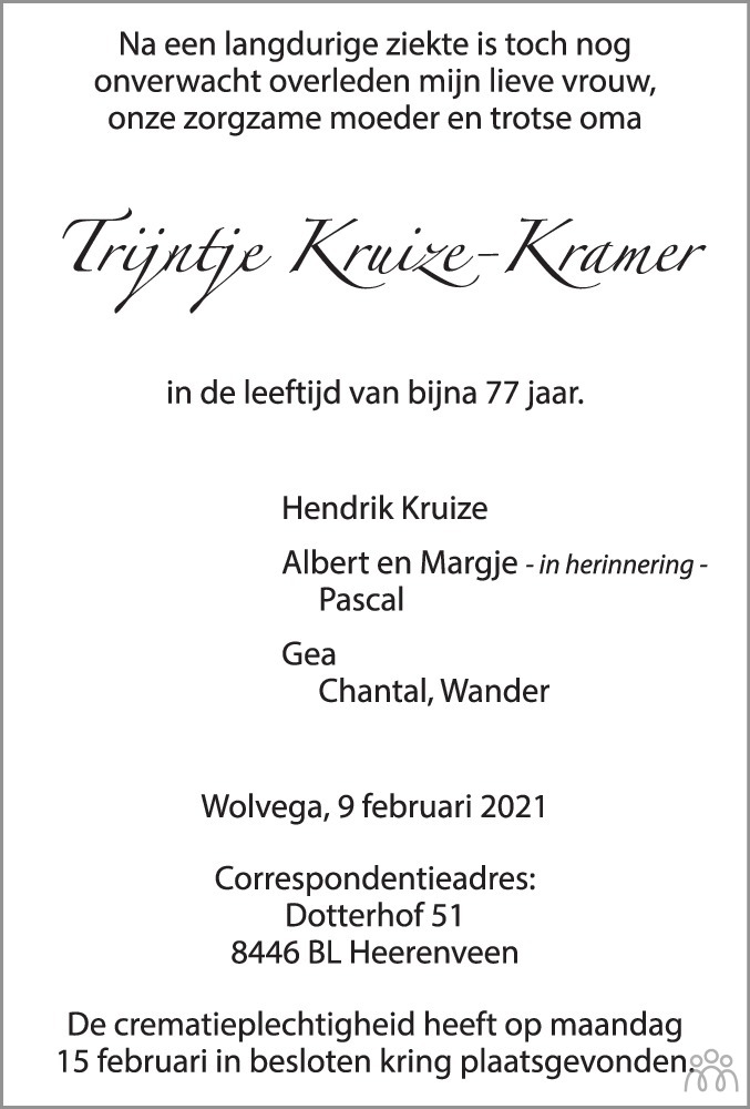 Overlijdensbericht van Trijntje Kruize-Kramer in Heerenveense Courant