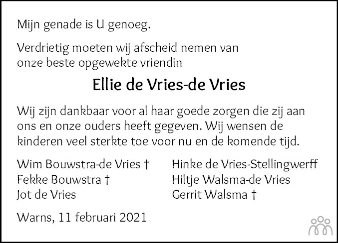 Overlijdensbericht van Elisabeth de Vries-de Vries in Balkster Courant