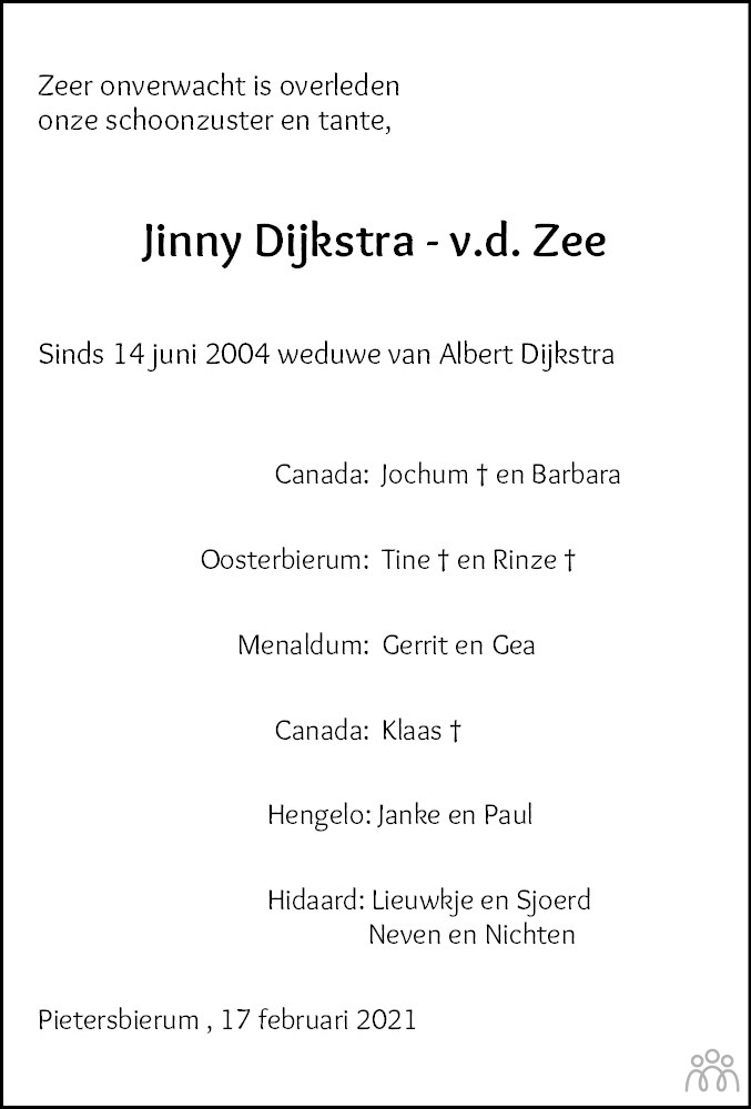 Overlijdensbericht van Jinny Dijkstra - v. d. Zee in Friesch Dagblad