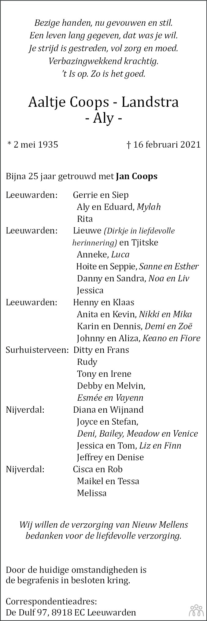 Overlijdensbericht van Aaltje (Aly) Coops-Landstra in Leeuwarder Courant
