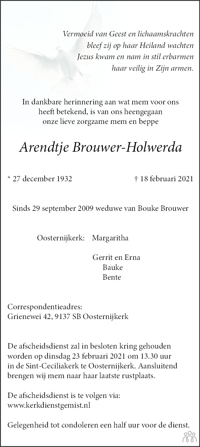 Overlijdensbericht van Arendtje Brouwer-Holwerda in Friesch Dagblad