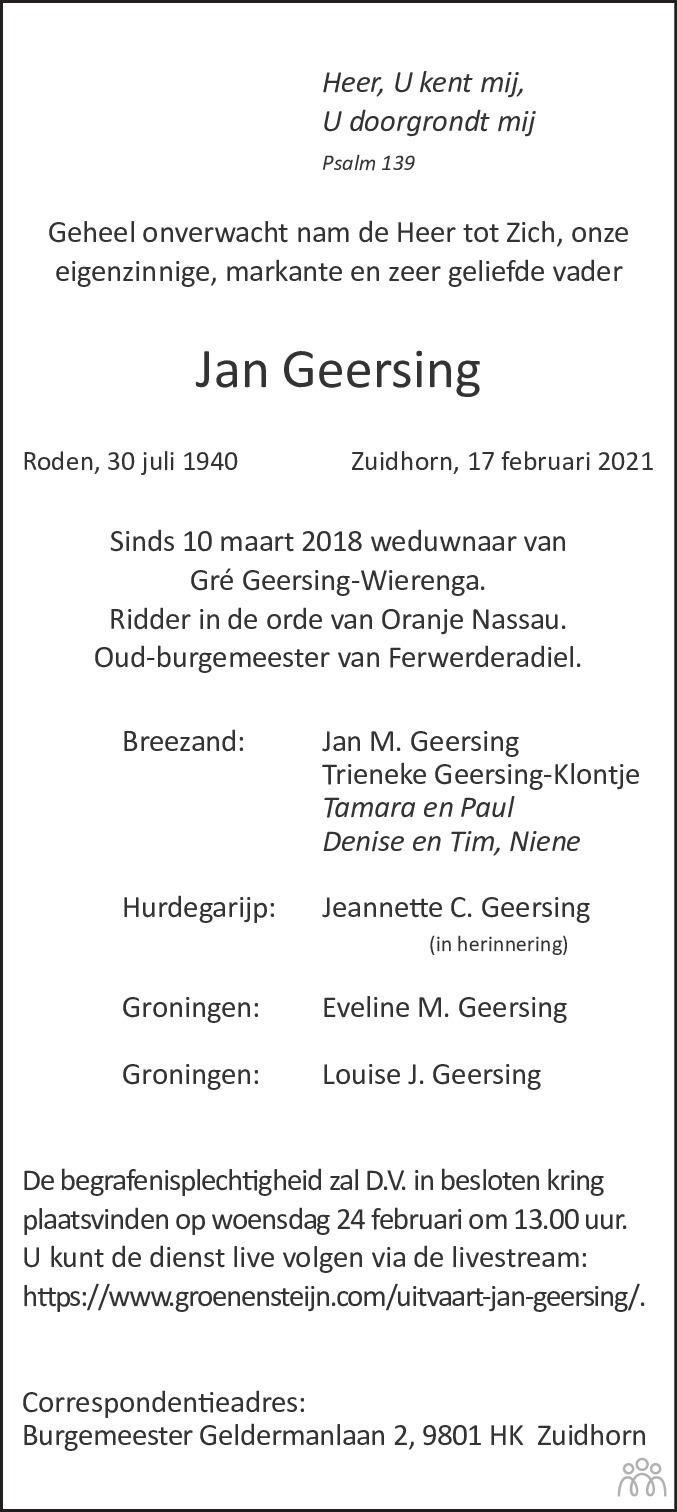 Overlijdensbericht van Jan Geersing in Dagblad van het Noorden