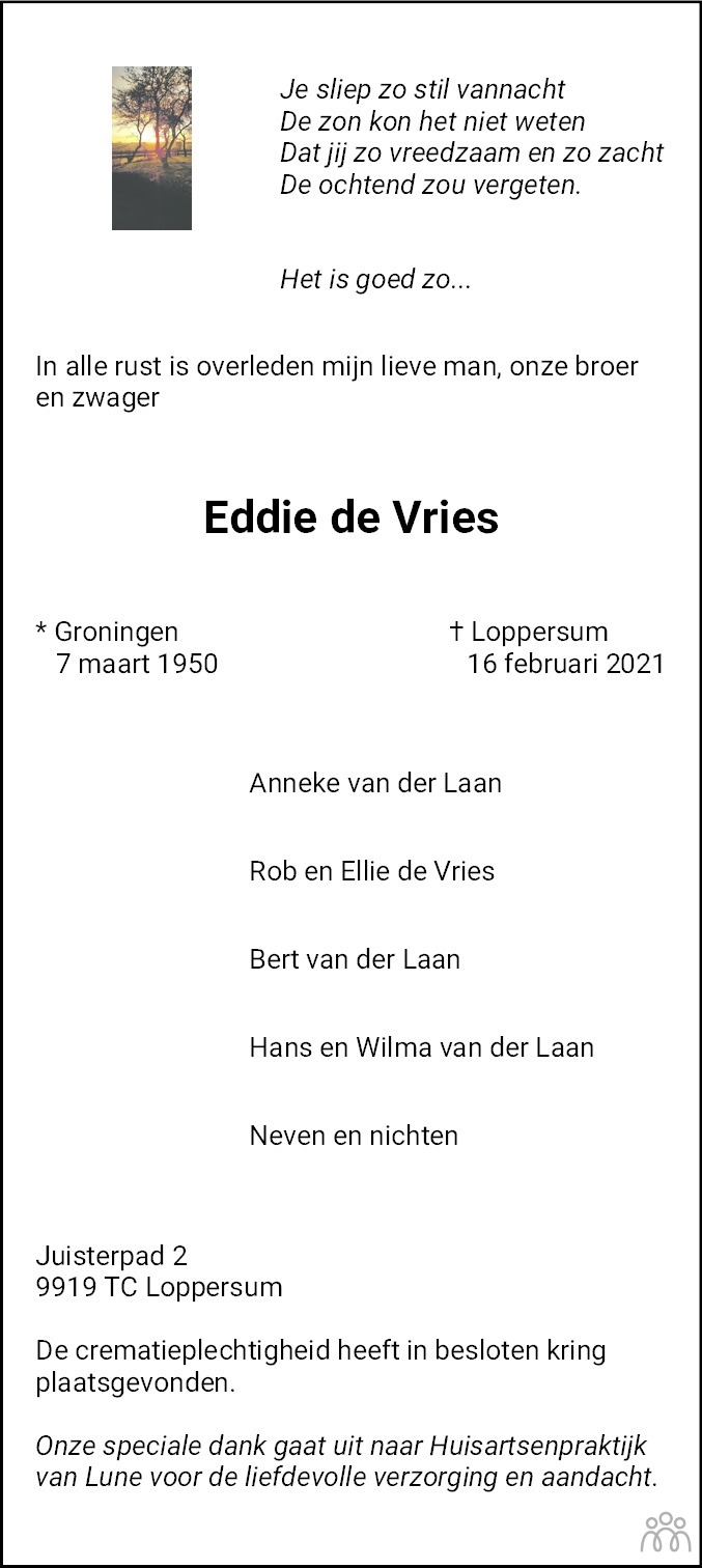 Overlijdensbericht van Eddie de Vries in Dagblad van het Noorden