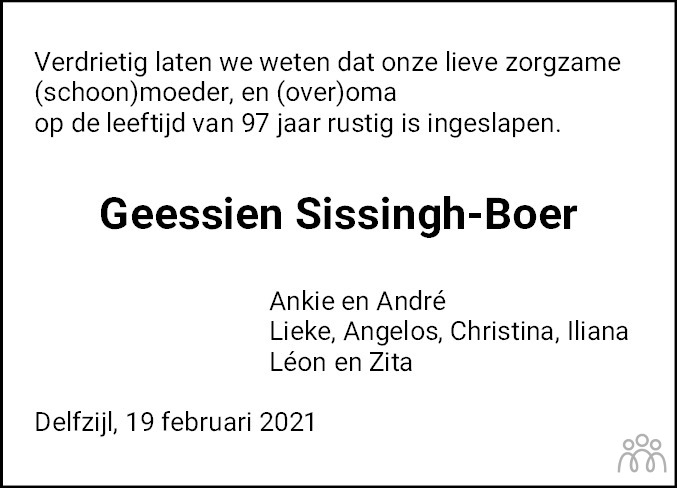 Overlijdensbericht van Geessien Sissingh-Boer in Dagblad van het Noorden