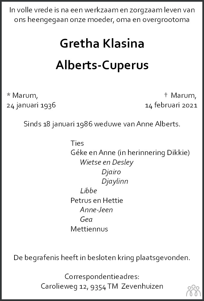 Overlijdensbericht van Gretha Klasina Alberts-Cuperus in Dagblad van het Noorden