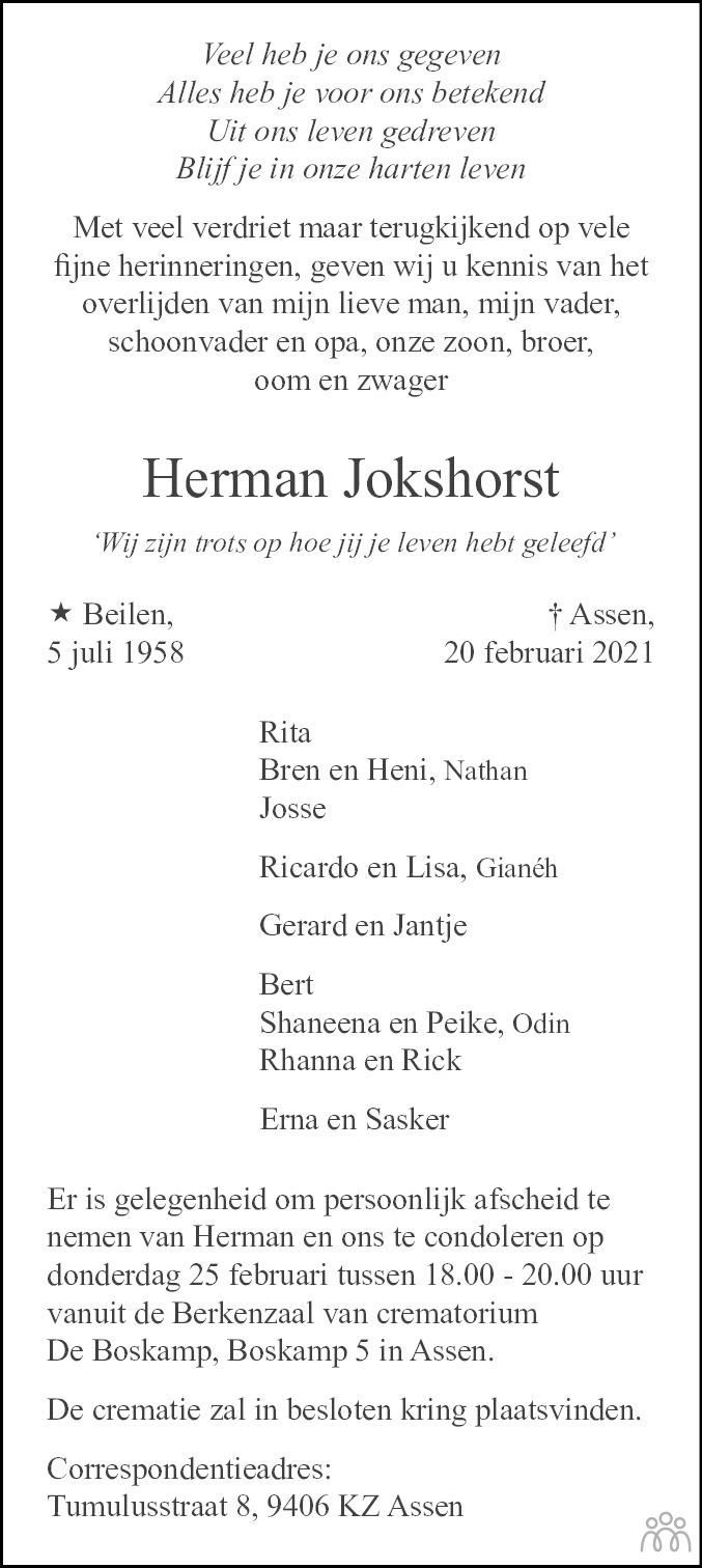 Overlijdensbericht van Herman Jokshorst in Dagblad van het Noorden