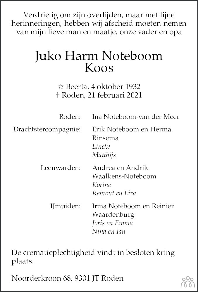 Overlijdensbericht van Juko Harm (Koos) Noteboom in Dagblad van het Noorden