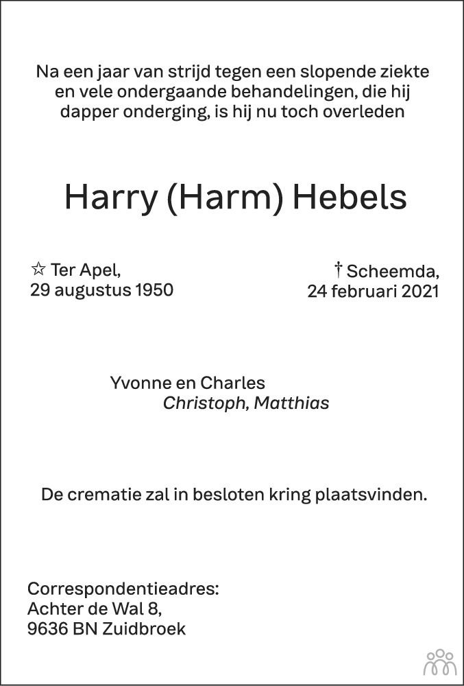 Overlijdensbericht van Harry (Harm) Hebels in Dagblad van het Noorden
