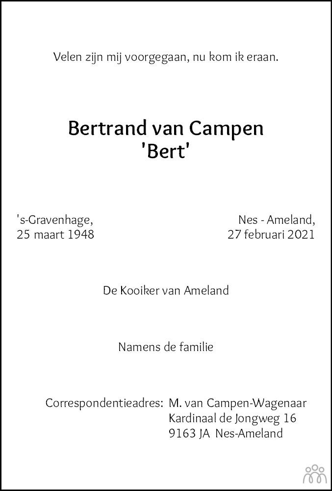 Overlijdensbericht van Bertrand (Bert) van Campen in Leeuwarder Courant