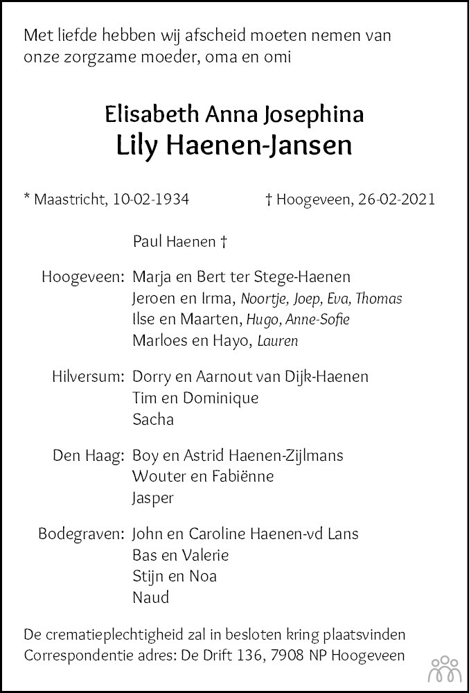 Overlijdensbericht van Elisabeth Anna Josephina (Lily) Haenen-Jansen in Hoogeveensche Courant