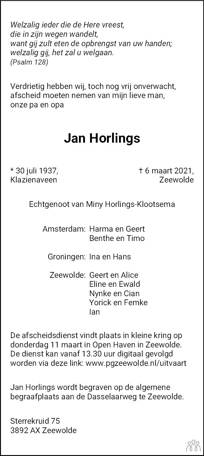 Overlijdensbericht van Jan Horlings in Dagblad van het Noorden