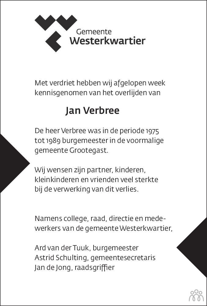 Overlijdensbericht van Jan Verbree in Dagblad van het Noorden