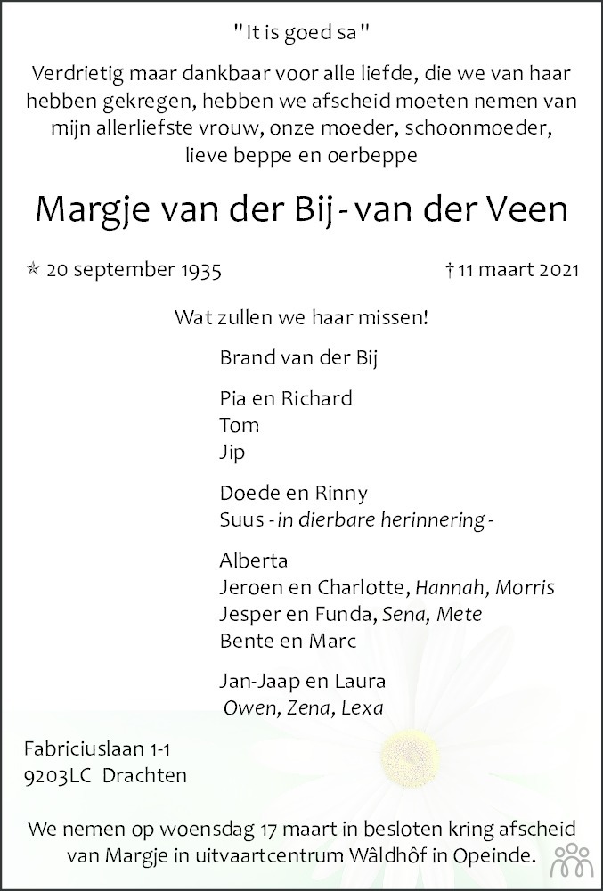 Overlijdensbericht van Margje van der Bij-van der Veen in Leeuwarder Courant