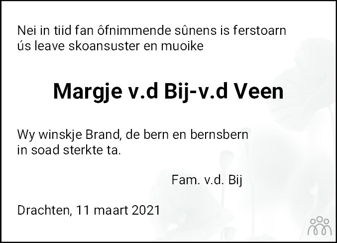 Overlijdensbericht van Margje van der Bij-van der Veen in Drachtster Courant