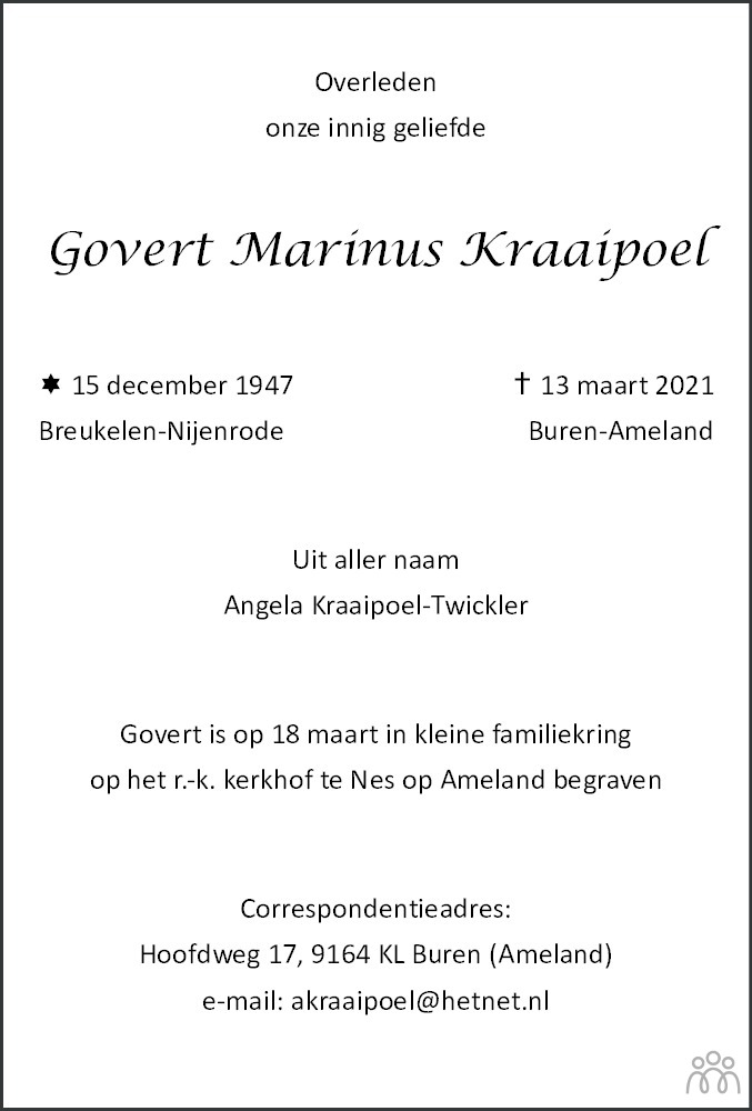 Overlijdensbericht van Govert Marinus Kraaipoel in Leeuwarder Courant