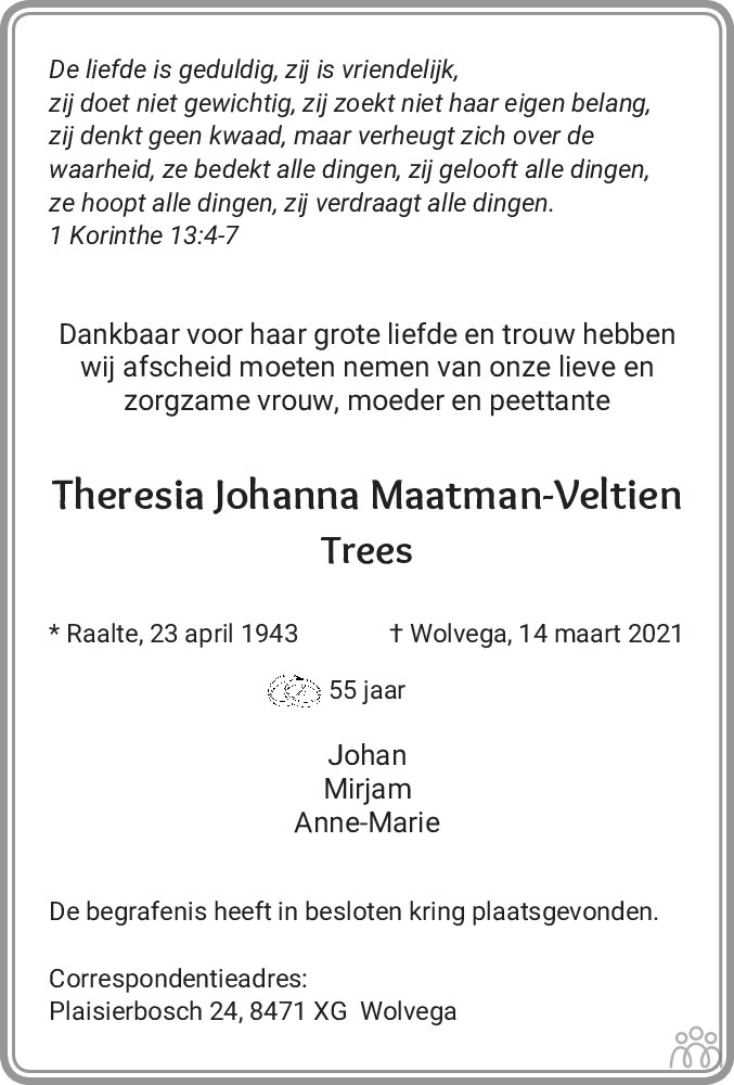 Overlijdensbericht van Trees (Theresia Johanna) Maatman-Veltien in De Stellingwerf