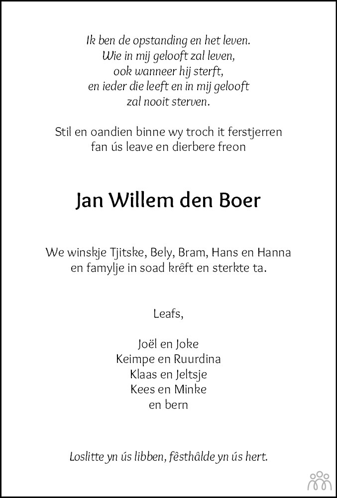 Jan Willem den Boer 19-03-2021 overlijdensbericht en condoleances ...