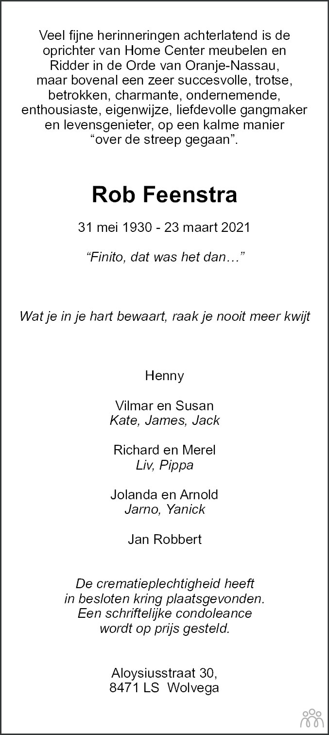 Overlijdensbericht van Rob Feenstra in Leeuwarder Courant