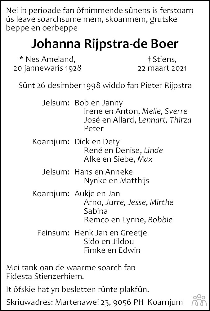 Johanna Rijpstrade Boer 22032021 overlijdensbericht en condoleances