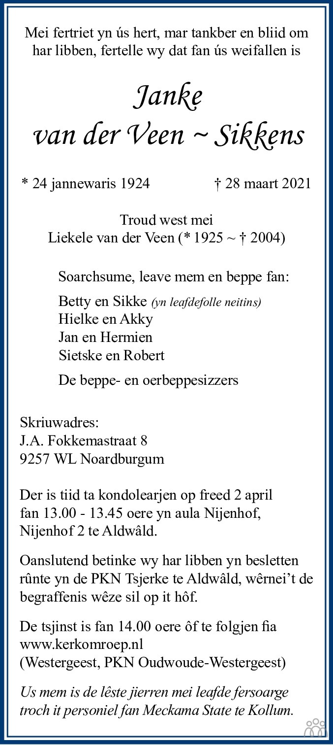 Overlijdensbericht van Janke van der Veen-Sikkens in Leeuwarder Courant