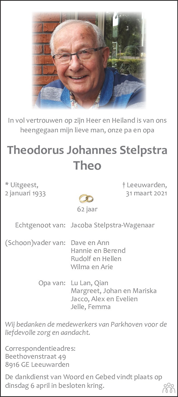 Overlijdensbericht van Theodorus Johannes (Theo) Stelpstra in Leeuwarder Courant