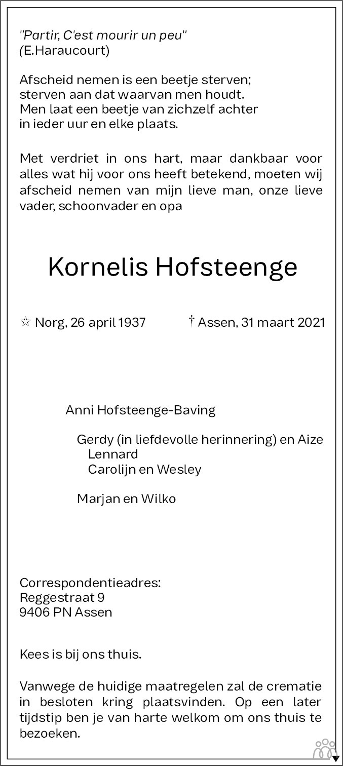 Overlijdensbericht van Kornelis Hofsteenge in Dagblad van het Noorden