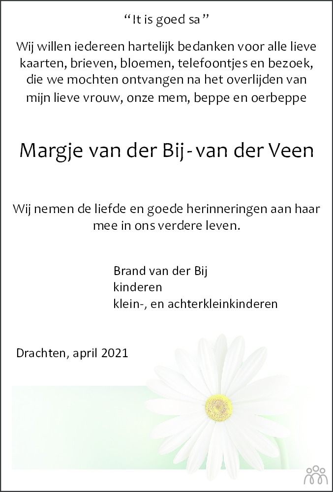 Overlijdensbericht van Margje van der Bij-van der Veen in Leeuwarder Courant