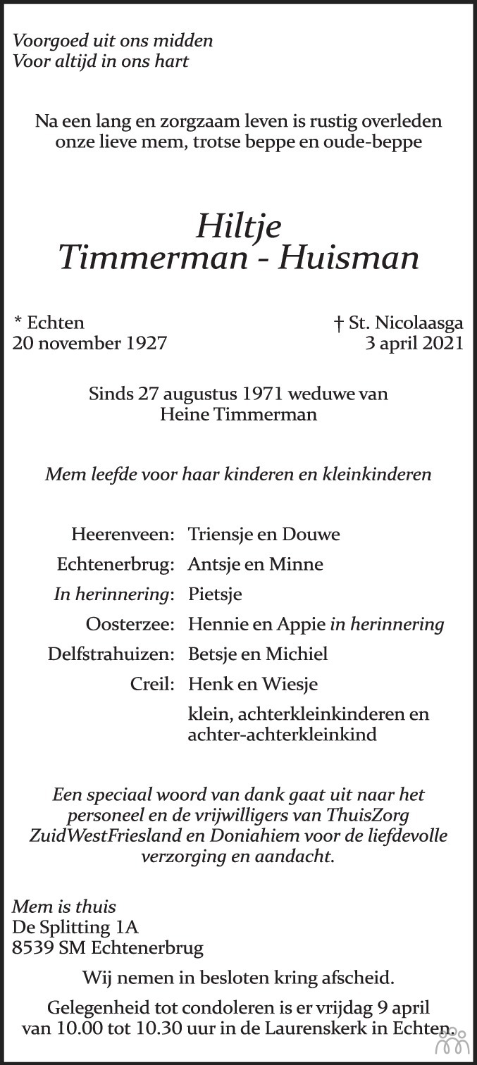 Overlijdensbericht van Hiltje Timmerman-Huisman in Leeuwarder Courant