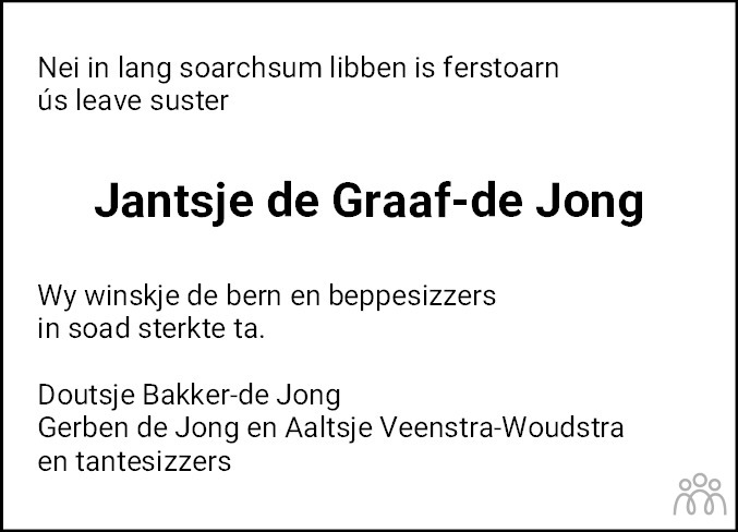 Overlijdensbericht van Jantsje de Graaf–de Jong in Leeuwarder Courant