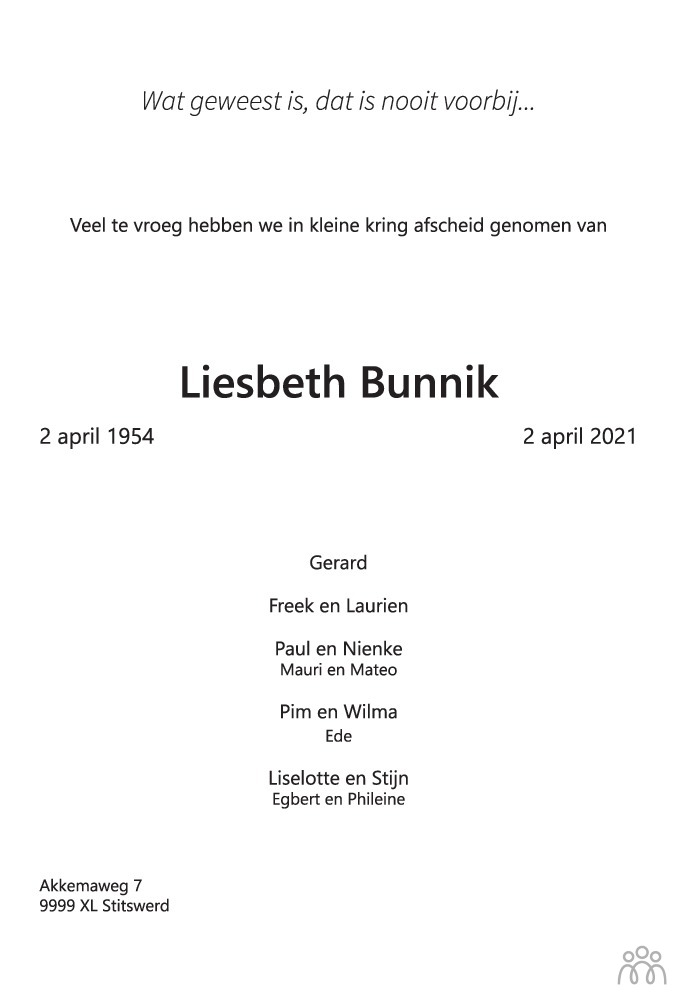Overlijdensbericht van Liesbeth Bunnik in Dagblad van het Noorden