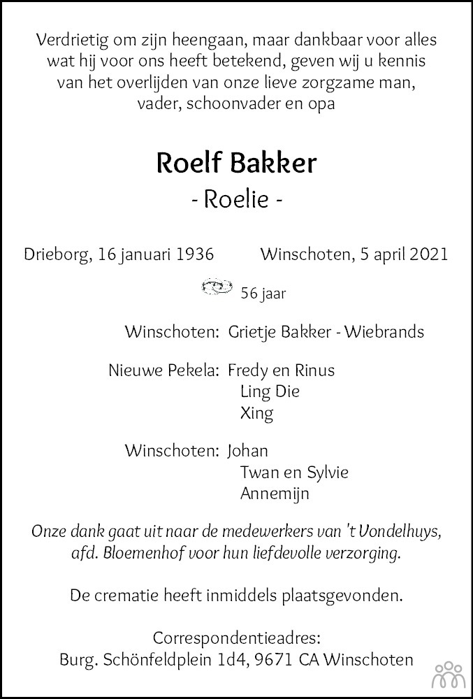 Overlijdensbericht van Roelf (Roelie) Bakker in Streekblad/Pekelder Streekblad