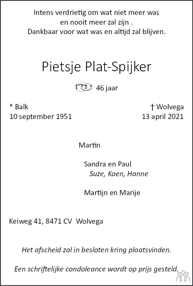 Overlijdensbericht van Pietsje Plat-Spijker in De Stellingwerf
