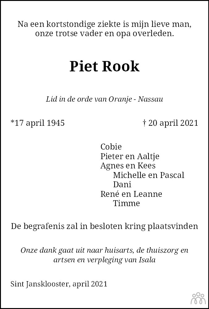 Overlijdensbericht van Piet Rook in Steenwijker Courant